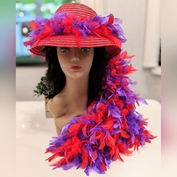 Red Hat Society Red Hat with Red and Purple Feather Fall